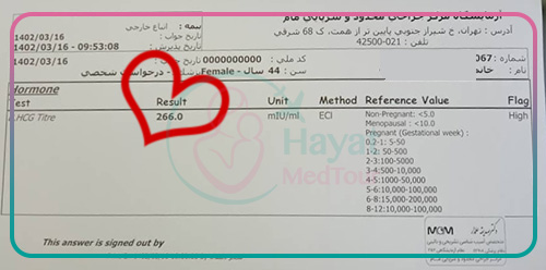 Positive BHCG pregnancy test result for an Omani couple who did IVF in Iran