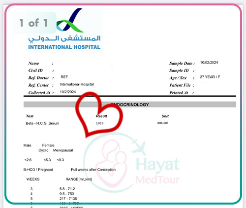 Positive pregnancy test for a Kuwaiti couple after successful IVF treatment in Iran. Alhamdulillah, the result shows a positive outcome, marking the beginning of their parenthood journey.