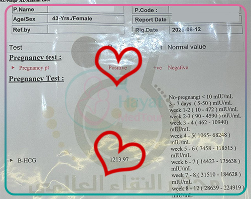 نتيجة تحليل دم إيجابية للحمل لسيدة عراقية تبلغ من العمر ٤٣ عامًا بعد خضوعها لعملية أطفال الأنابيب الناجحة في إيران تحت إشراف الدكتورة ميترا فروتن – نتيجة مبشّرة لرحلة علاج الخصوبة.