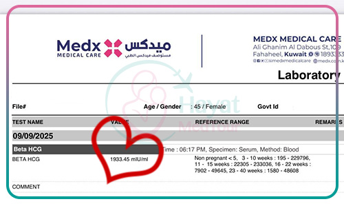 تحليل دم إيجابي للحمل بعد عملية أطفال الأنابيب في إيران لامرأة كويتية تبلغ من العمر 45 عاماً في مستشفى بهمن طهران. نتيجة ناجحة لعلاج العقم.