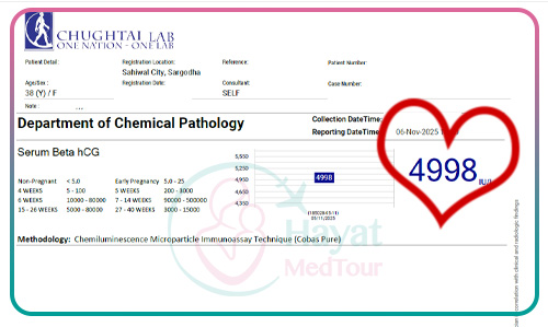 IVF success story in Tehran, Iran. Pakistani couple’s positive pregnancy blood test result, Alhamdulillah, for 38-year-old woman