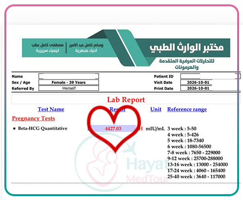 نتيجة إيجابية لاختبار الحمل بالدم لسيدة عراقية تبلغ من العمر 39 عاماً بعد الخضوع أطفال الأنابيب في إيران.